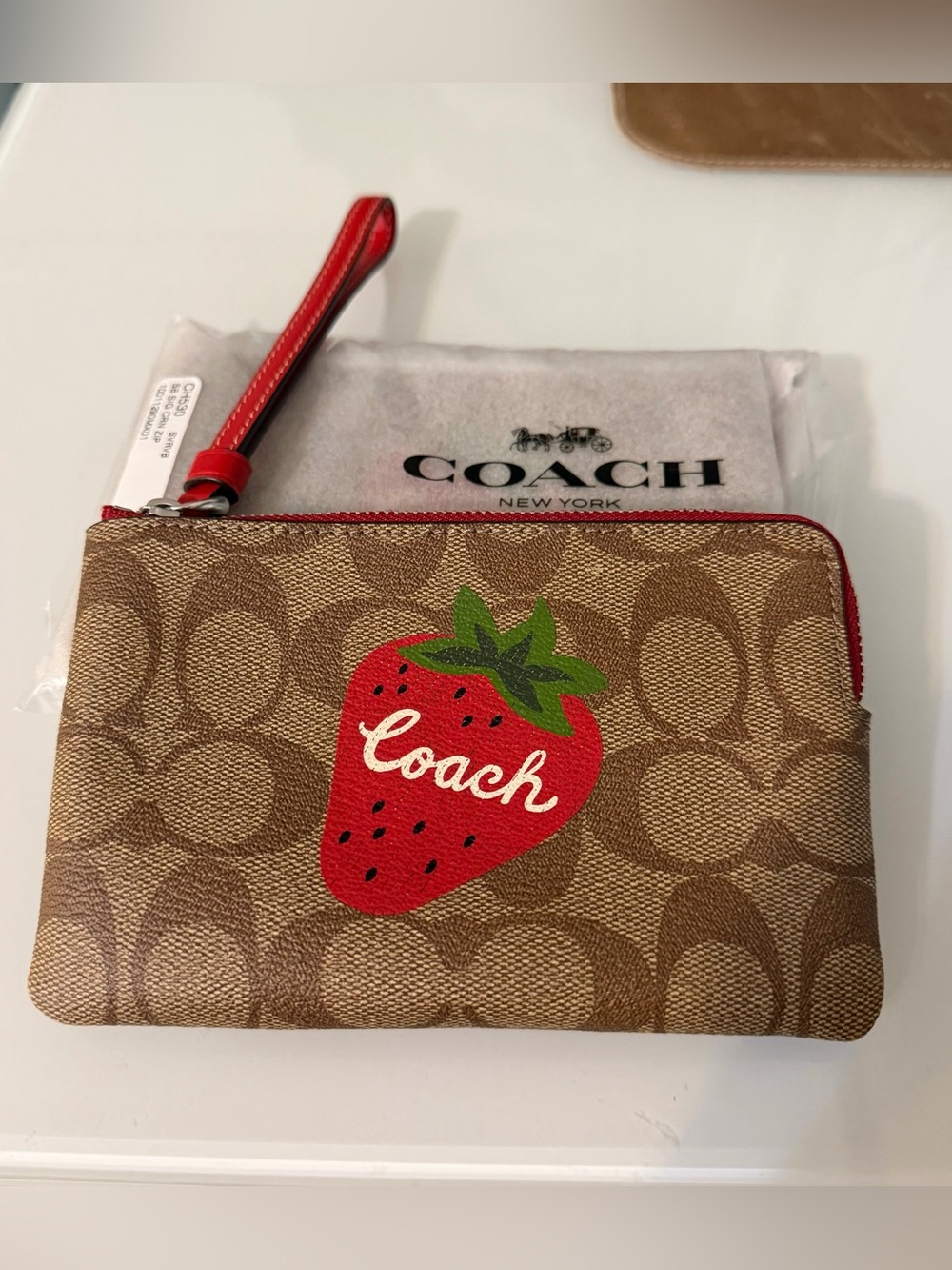 NWT Coach Corner Zip Wristlet In Signature Canvas With Wild Strawberry